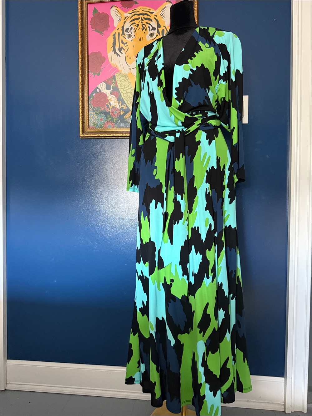 Diane Von Furstenberg Teal, Lime & Black Wrap Midi Dress